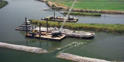 Dutra Dredging Company Closes a Breach on the West Levee of the Upper Jones Tract in the San Joaquin County Delta, CA