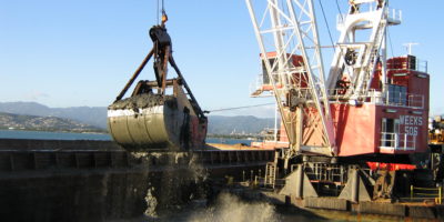 Weeks Marine's Clamshell Dredge 506 Works on the Tappan Zee Bridge Project on the Hudson River, NY